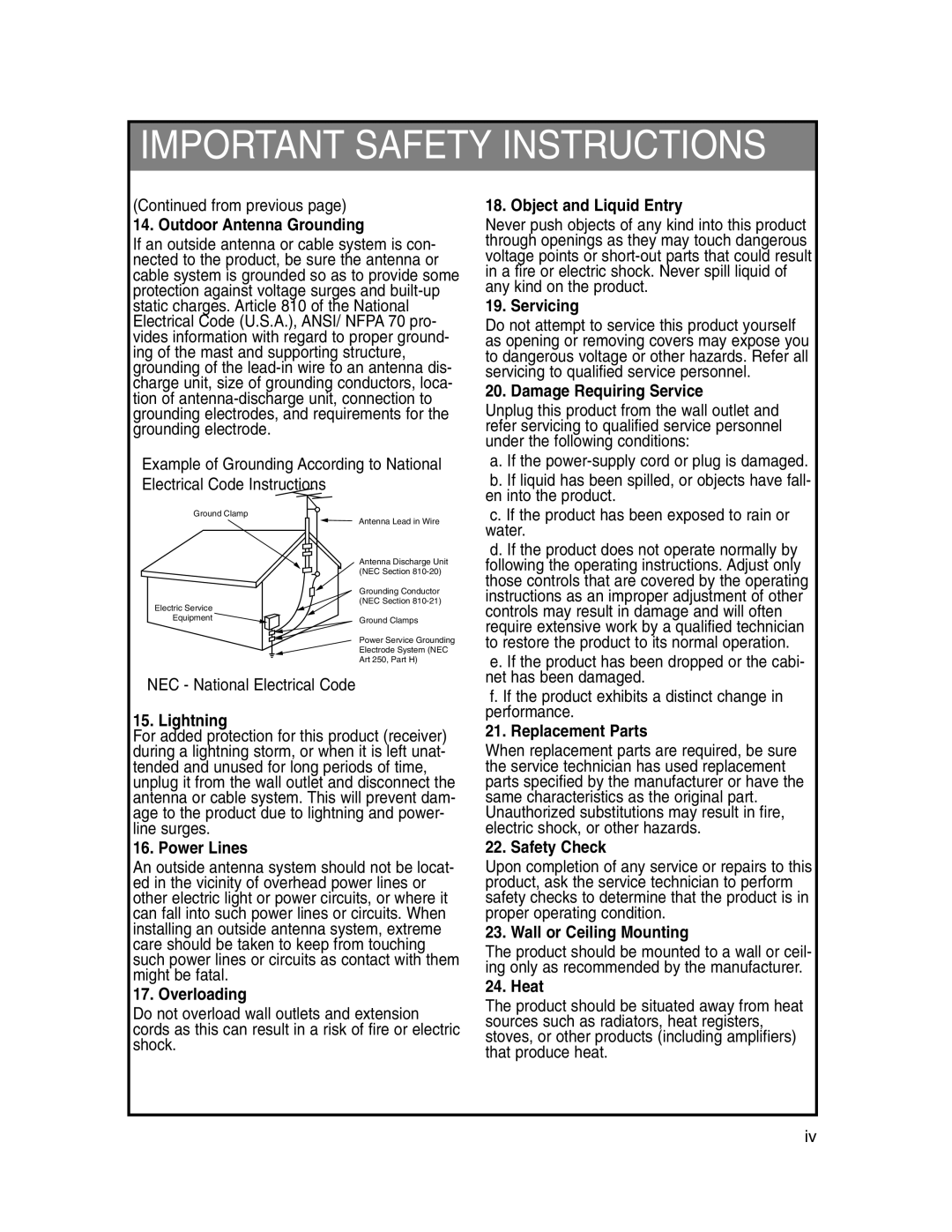 Marantz LC1510 manual From previous, NEC National Electrical Code 