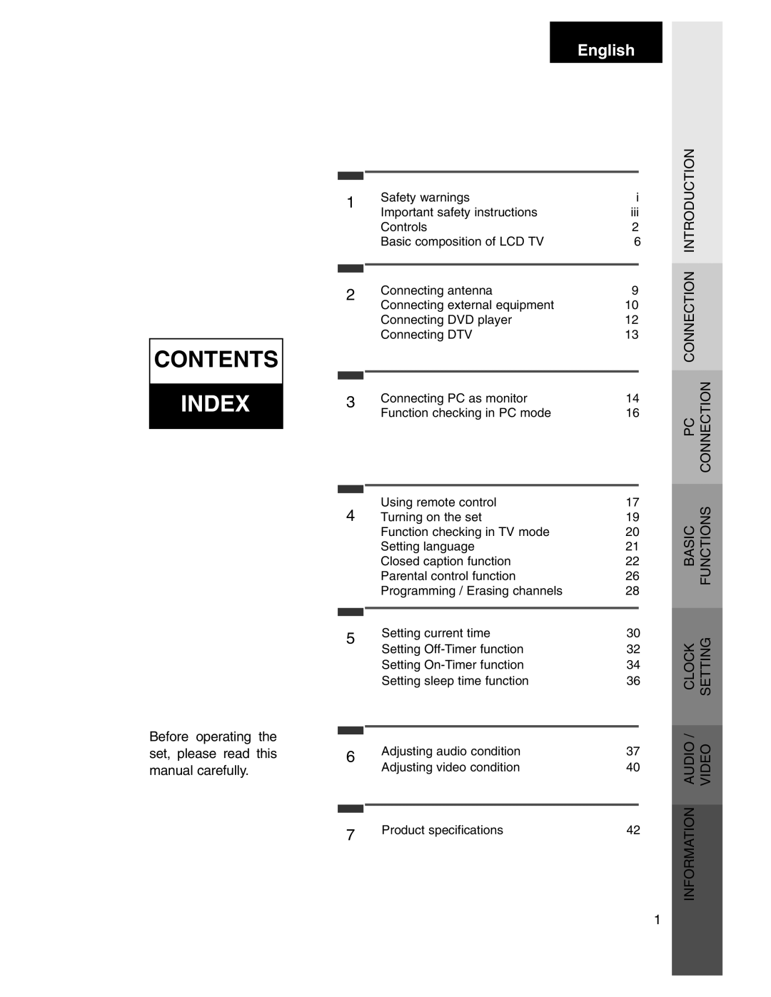 Marantz LC1510 Index, Before operating the set, please read this manual carefully 