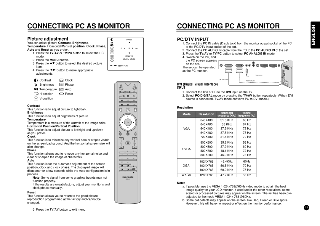 Marantz LC3050 manual Connecting PC AS Monitor, Picture adjustment, PC/DTV Input 