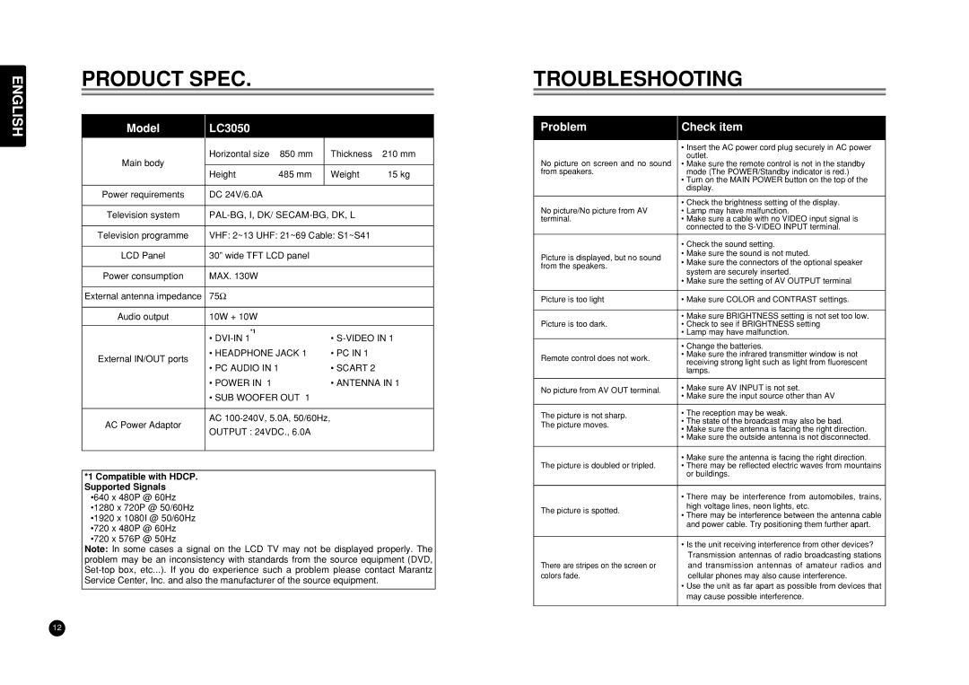 Marantz LC3050 manual Product Spec, Troubleshooting, Compatible with HDCP. Supported Signals 