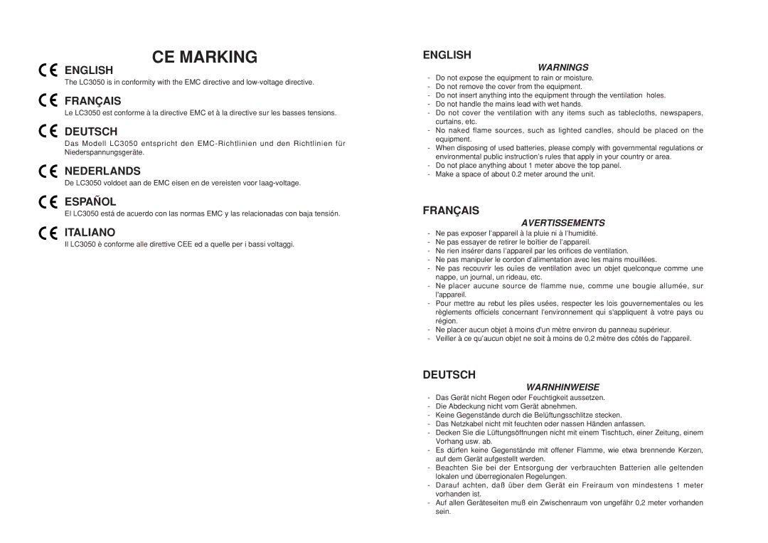 Marantz LC3050 manual CE Marking 