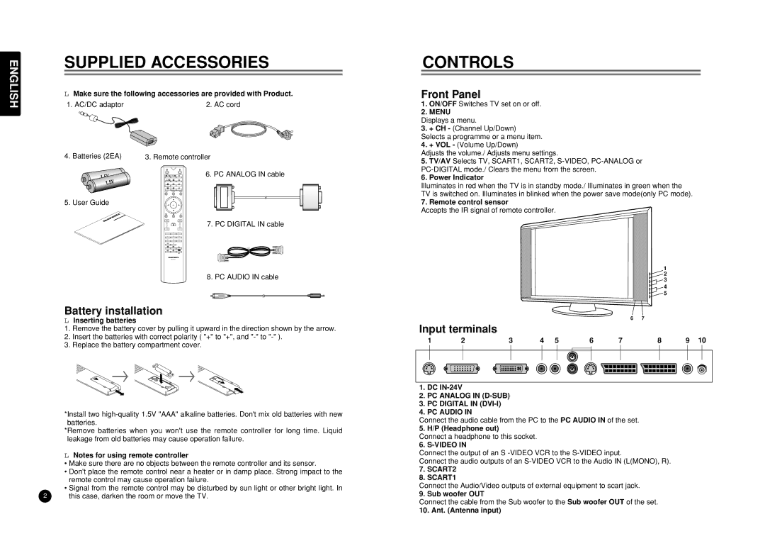 Marantz LC3050 manual Supplied Accessories, Controls, Battery installation, Front Panel, Input terminals 