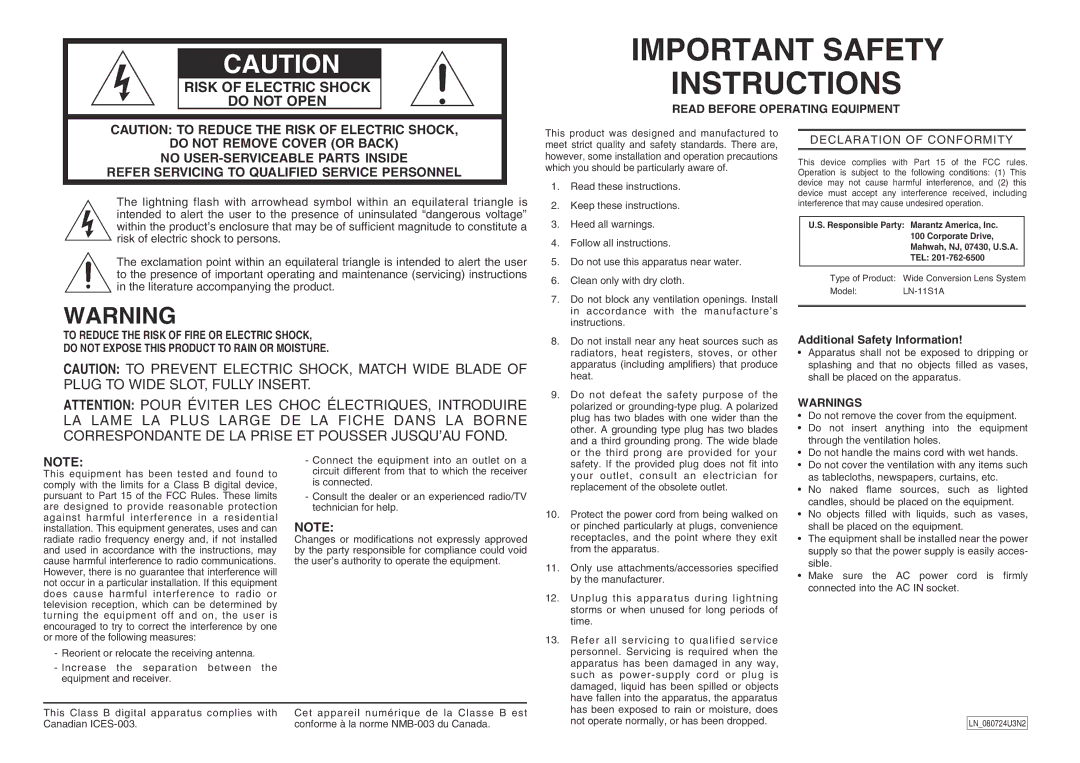 Marantz LN-11S1A manual Important Safety Instructions 