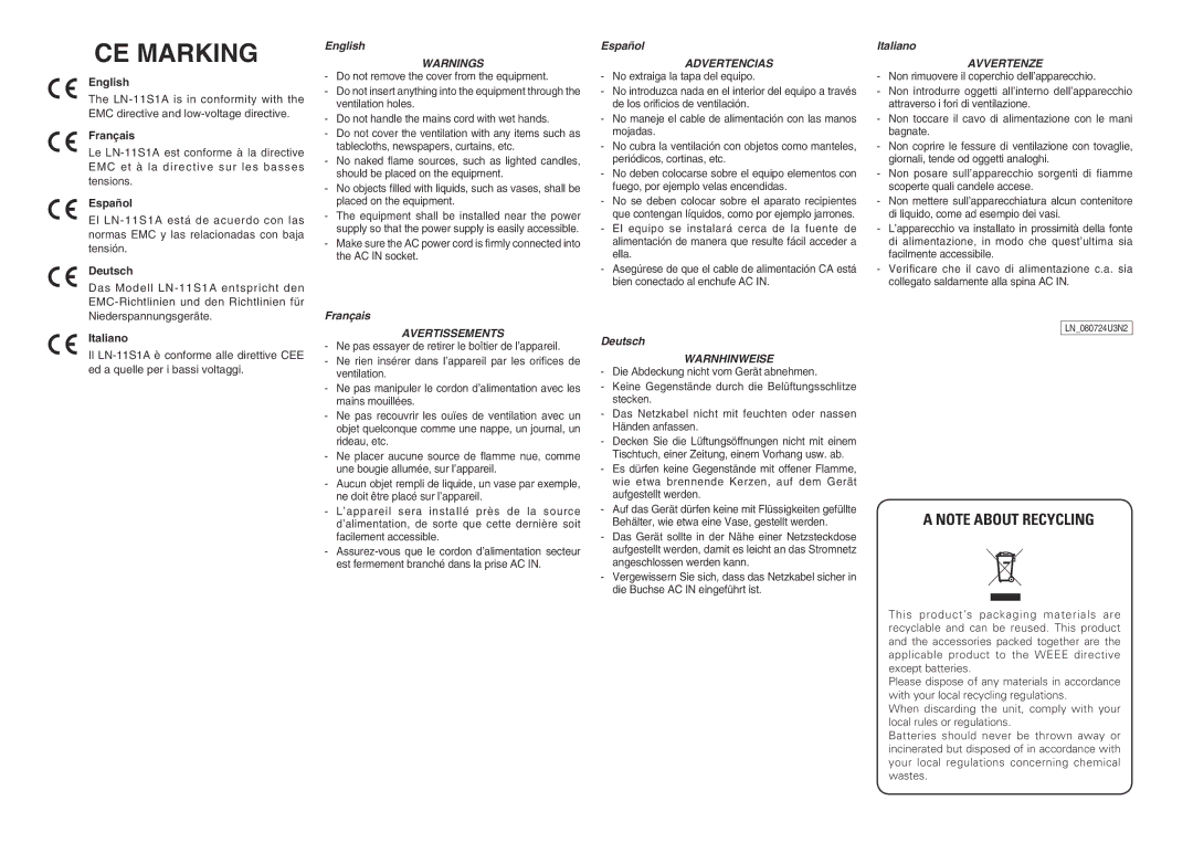 Marantz LN-11S1A manual CE Marking 