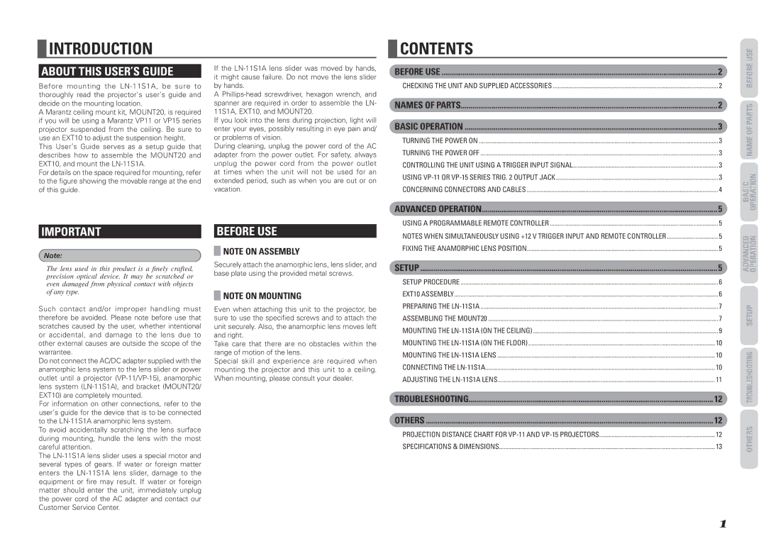 Marantz LN-11S1A manual Introduction, Contents 