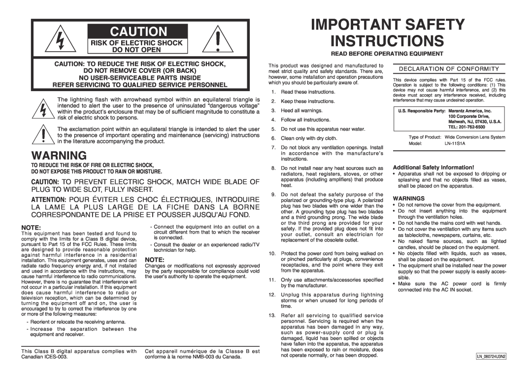 Marantz LN-11S1A manual Important Safety Instructions, Risk Of Electric Shock Do Not Open 