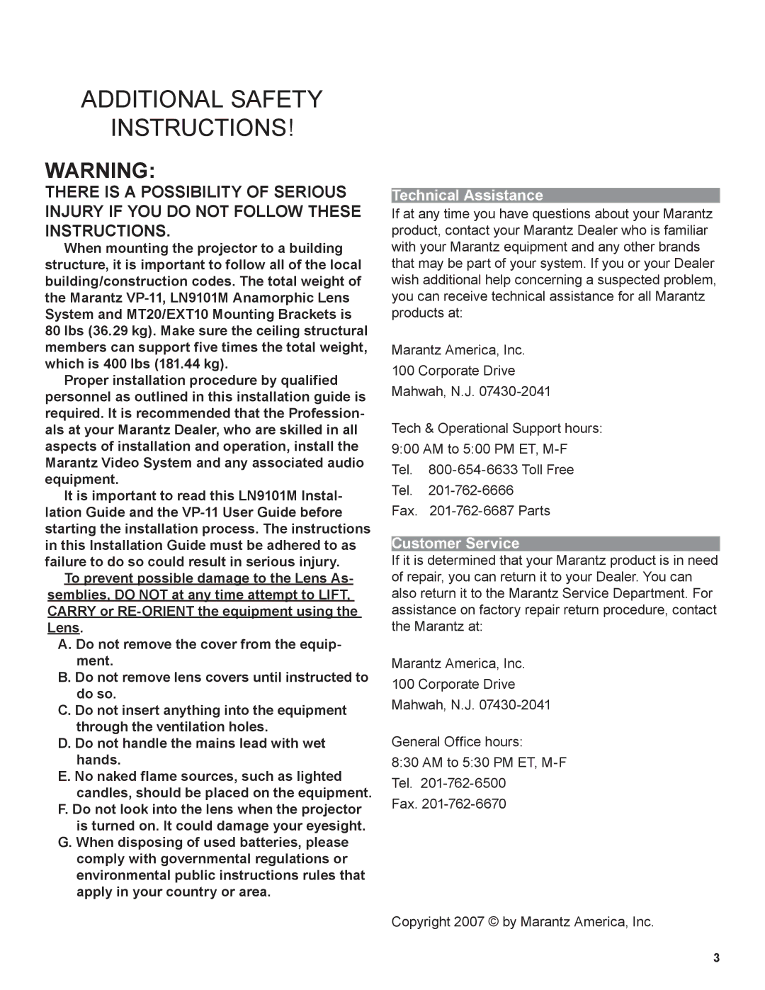 Marantz LN9101M manual Technical Assistance, Customer Service 