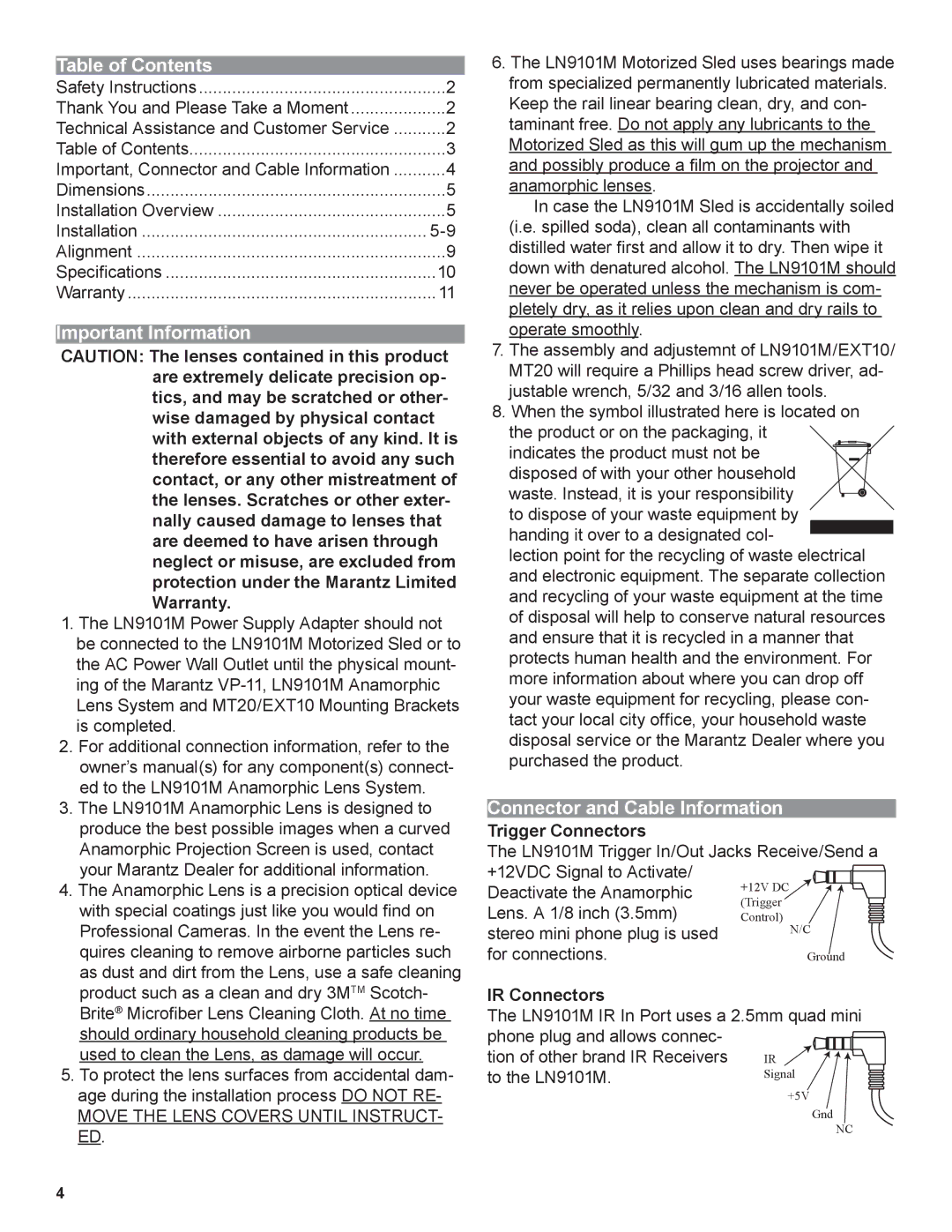 Marantz LN9101M manual Table of Contents, Important Information, Connector and Cable Information 