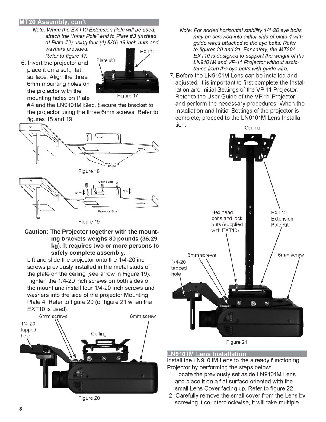 Marantz manual MT20 Assembly, con’t, LN9101M Lens Installation 