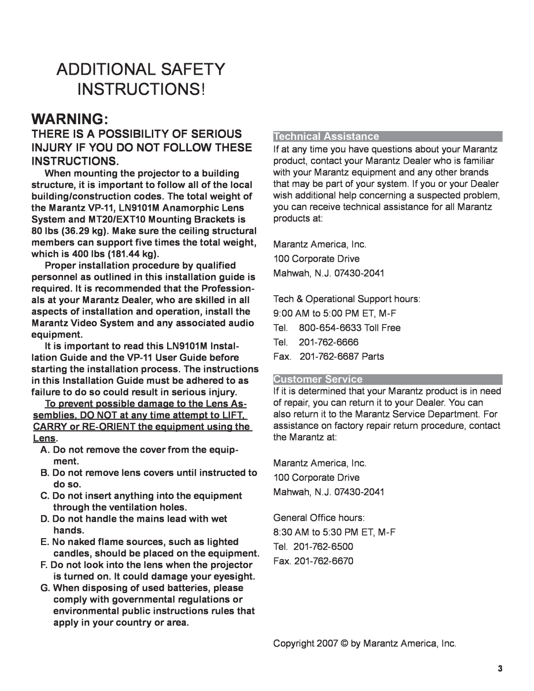 Marantz LN9101M manual Additional Safety Instructions, Technical Assistance, Customer Service 