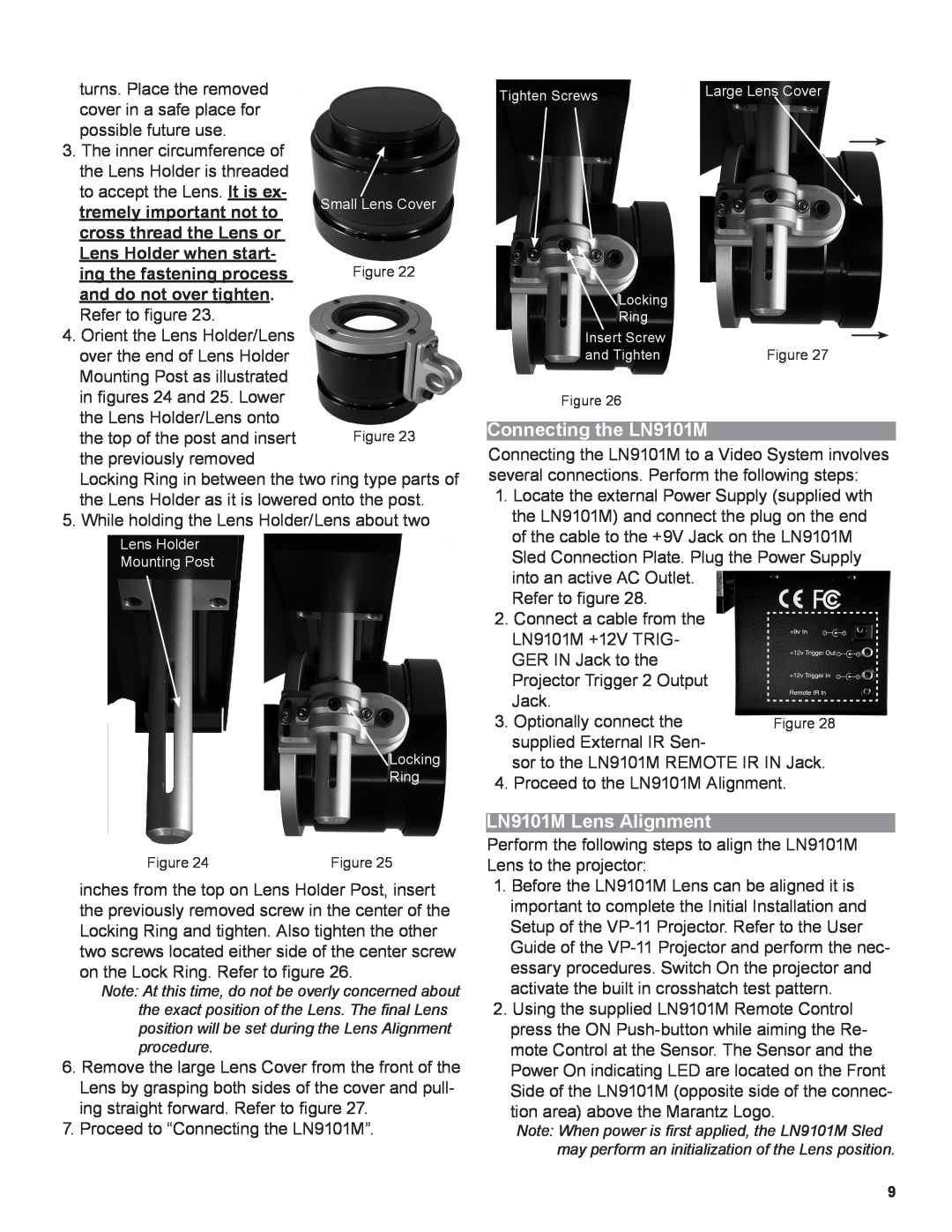 Marantz manual Connecting the LN9101M, LN9101M Lens Alignment, Lens Holder Mounting Post Locking Ring, Tighten Screws 