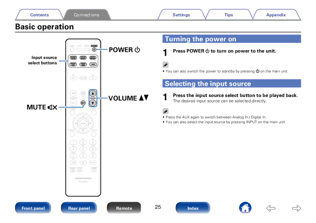 Marantz M-CR510 appendix Basic operation, Turning the power on, Selecting the input source 