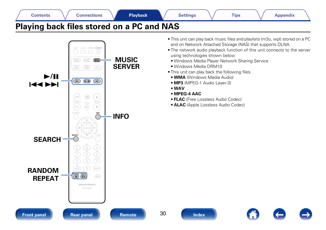 Marantz M-CR510 appendix Playing back files stored on a PC and NAS, Server Info Search Random 