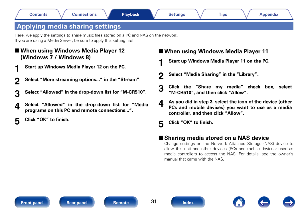 Marantz M-CR510 appendix Applying media sharing settings, 22When using Windows Media Player 12 Windows 7 / Windows 