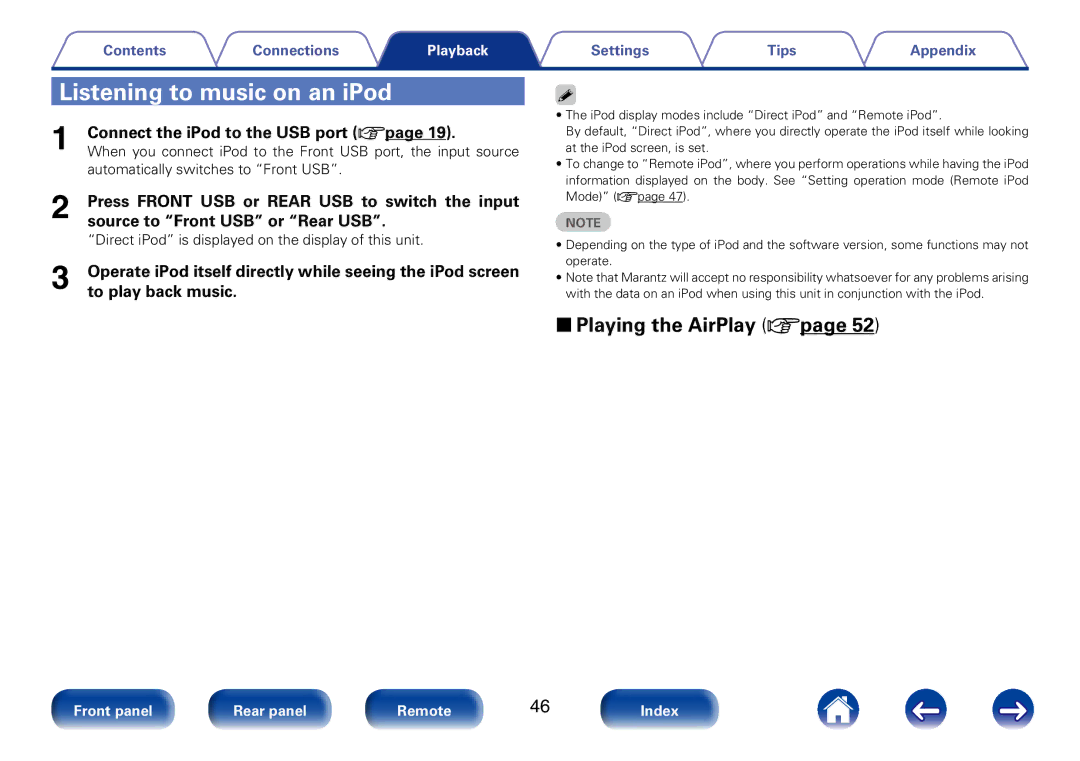 Marantz M-CR510 appendix Listening to music on an iPod, 22Playing the AirPlay vpage 