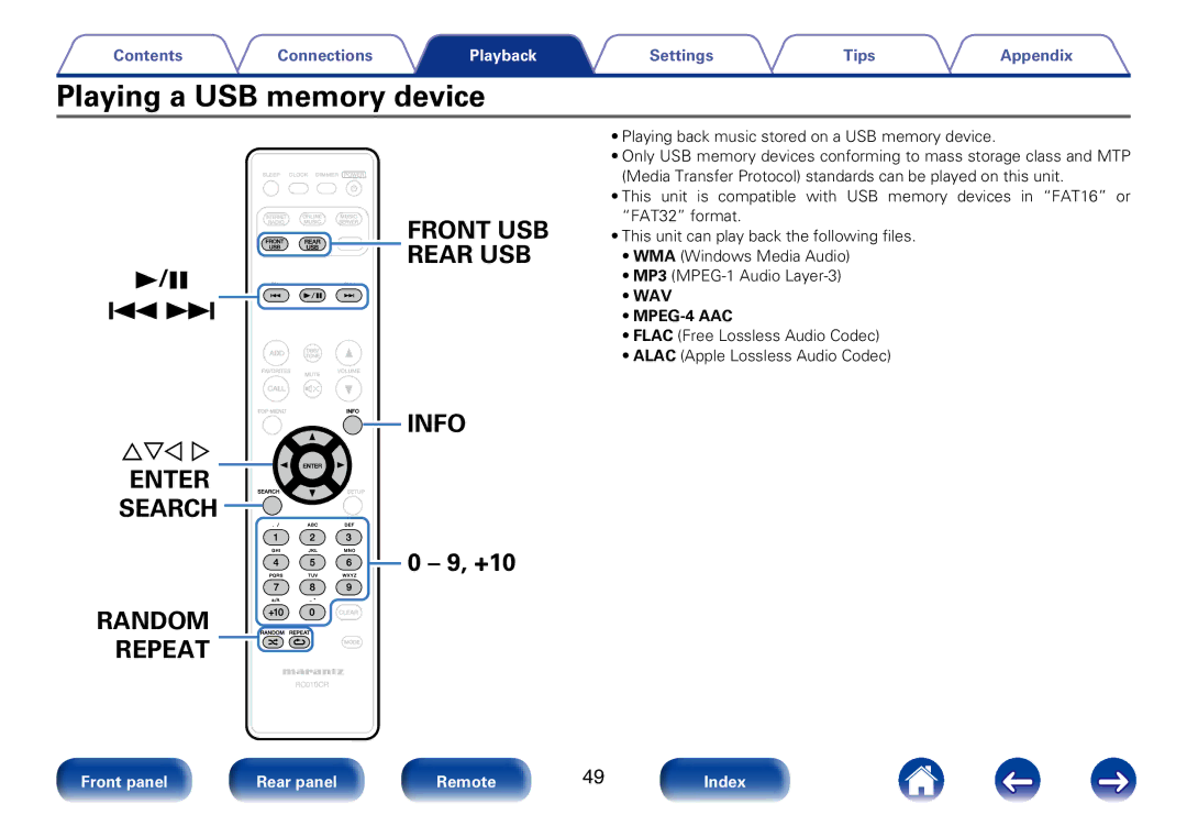 Marantz M-CR510 appendix Playing a USB memory device, Playing back music stored on a USB memory device, FAT32 format 