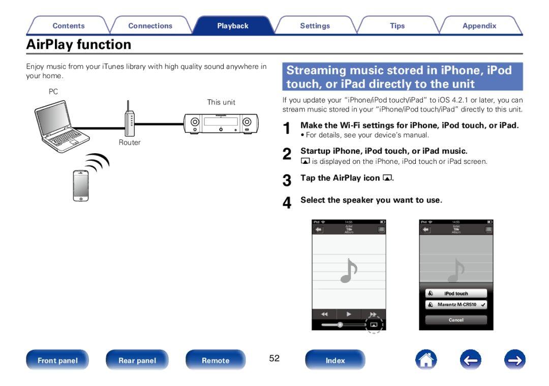 Marantz M-CR510 appendix AirPlay function, Make the Wi-Fi settings for iPhone, iPod touch, or iPad 