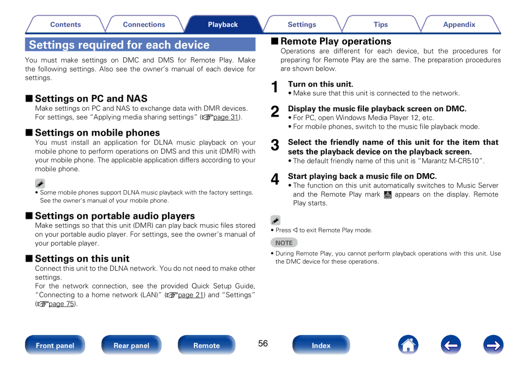 Marantz M-CR510 appendix Settings required for each device, 22Settings on PC and NAS, 22Settings on mobile phones 