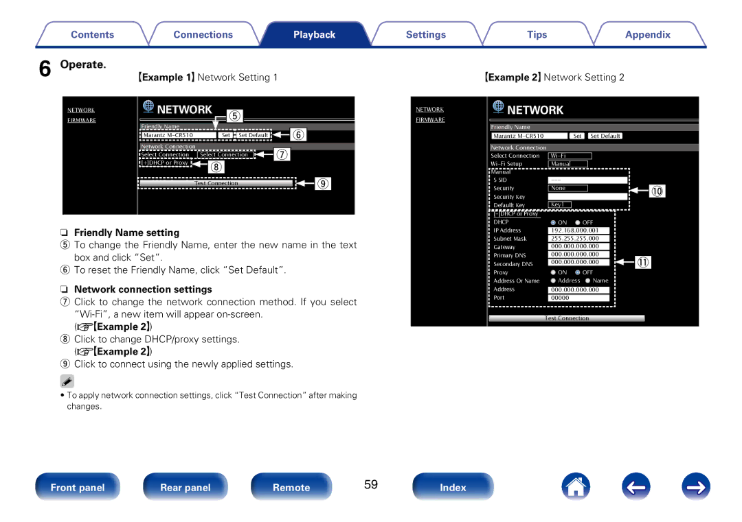 Marantz M-CR510 Nn Friendly Name setting, Nn Network connection settings, VGExample 2H, GExample 2H Network Setting 