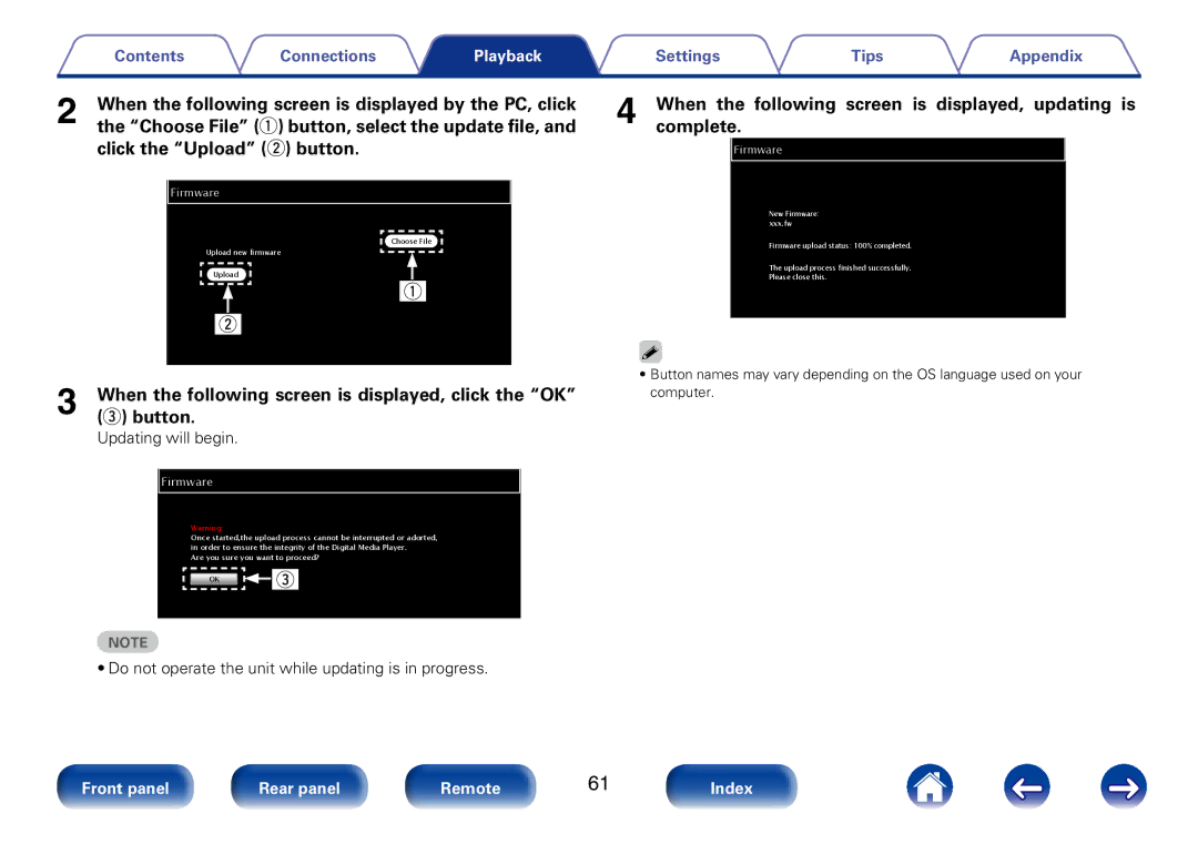 Marantz M-CR510 When the following screen is displayed by the PC, click, Choose File q button, select the update file 