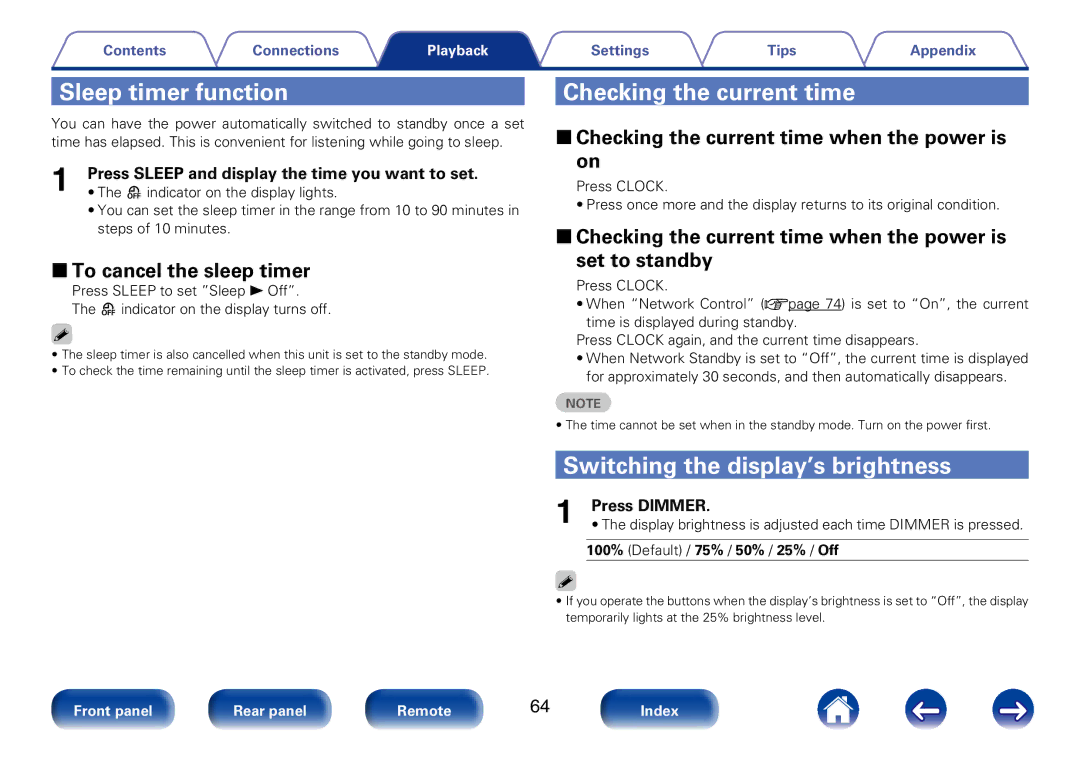 Marantz M-CR510 appendix Sleep timer function, Checking the current time, Switching the display’s brightness 