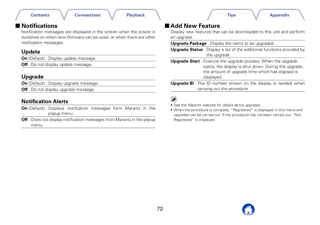 Marantz M-CR510 appendix 22Notifications, 22Add New Feature, Update, Upgrade, Notification Alerts 