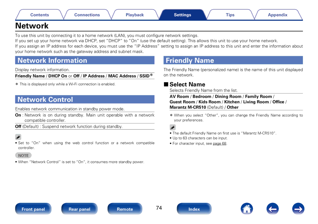 Marantz M-CR510 appendix Network Information, Network Control, Friendly Name, 22Select Name 