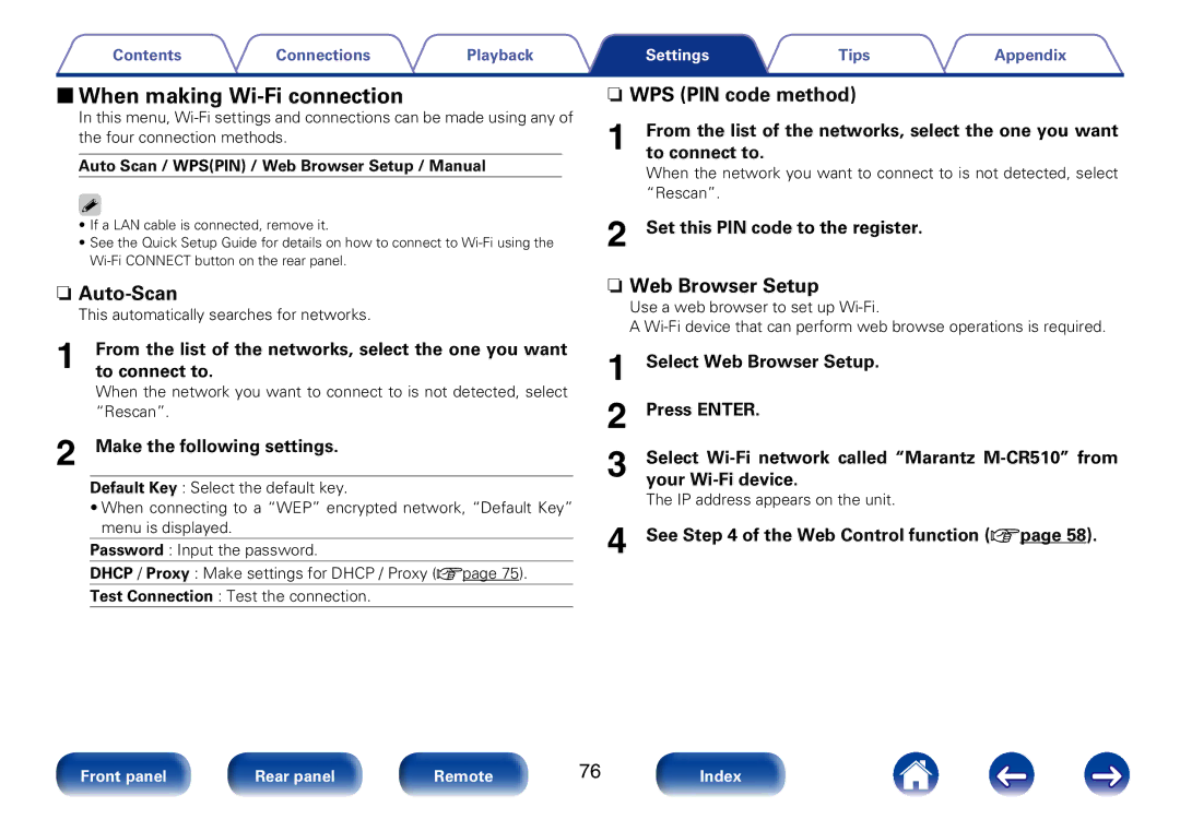 Marantz M-CR510 appendix 22When making Wi-Fi connection, NnWPS PIN code method, NnAuto-Scan, NnWeb Browser Setup 