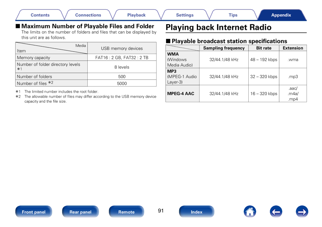 Marantz M-CR510 appendix Playing back Internet Radio, 22Maximum Number of Playable Files and Folder 