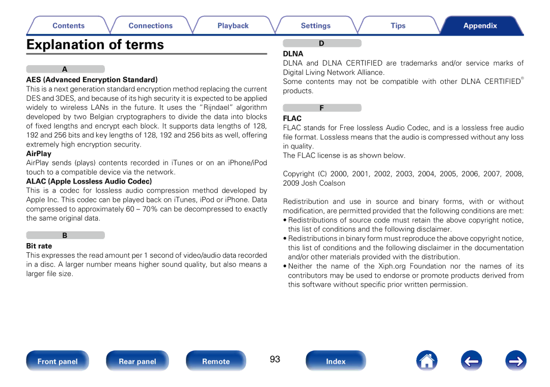 Marantz M-CR510 appendix Explanation of terms, AES Advanced Encryption Standard, AirPlay, Alac Apple Lossless Audio Codec 