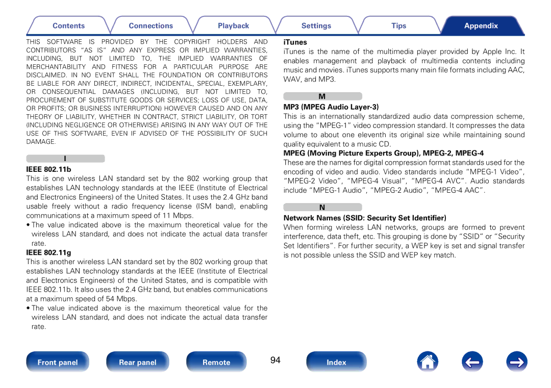 Marantz M-CR510 appendix ITunes, MP3 Mpeg Audio Layer-3, Mpeg Moving Picture Experts Group, MPEG-2, MPEG-4, Ieee 802.11b 