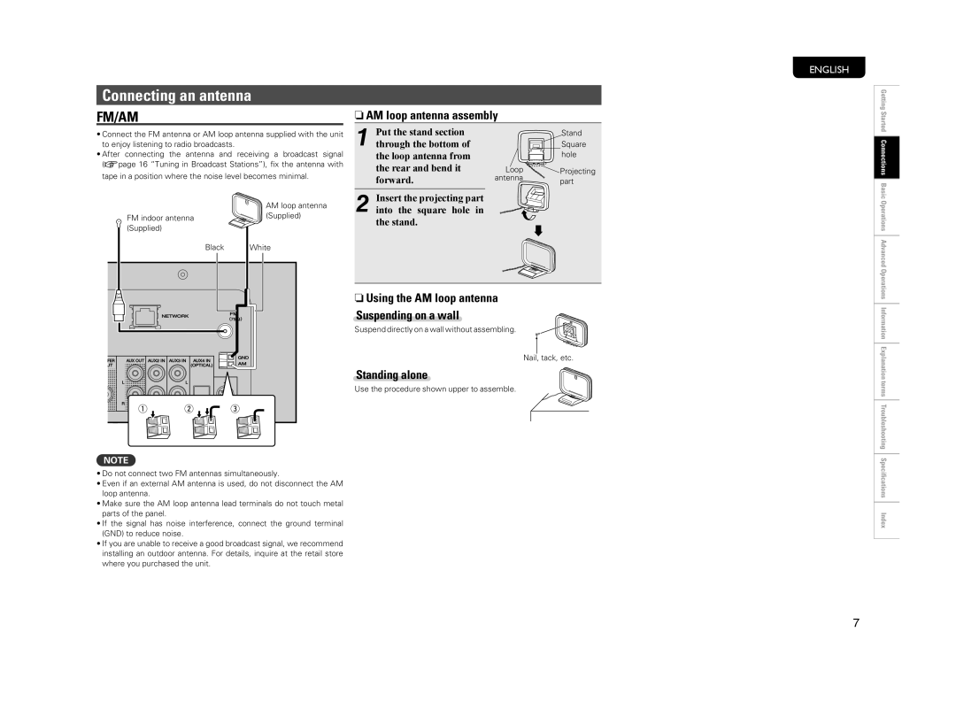 Marantz M-CR603 manual Connecting an antenna, NAM loop antenna assembly, NUsing the AM loop antenna Suspending on a wall 