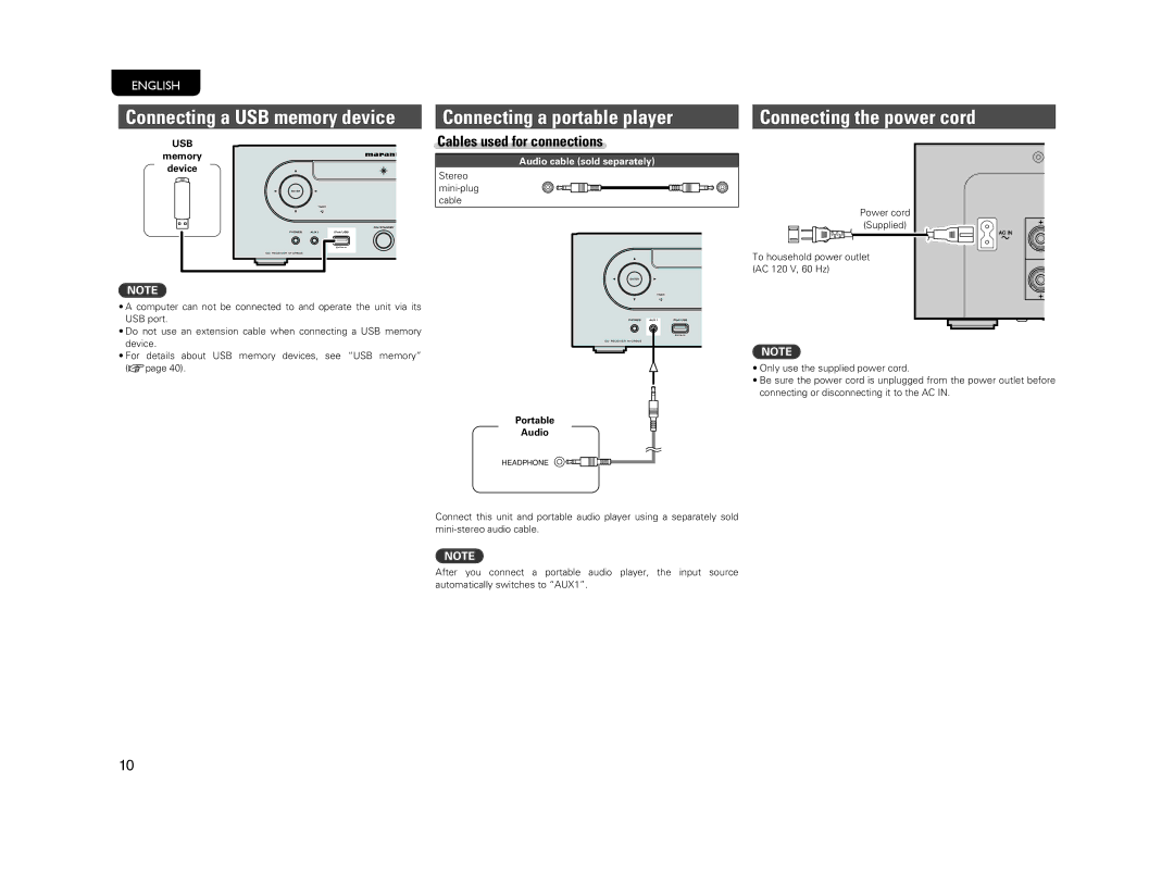 Marantz M-CR603 manual Connecting a portable player Connecting the power cord, Usb, Memory Device, Portable Audio 