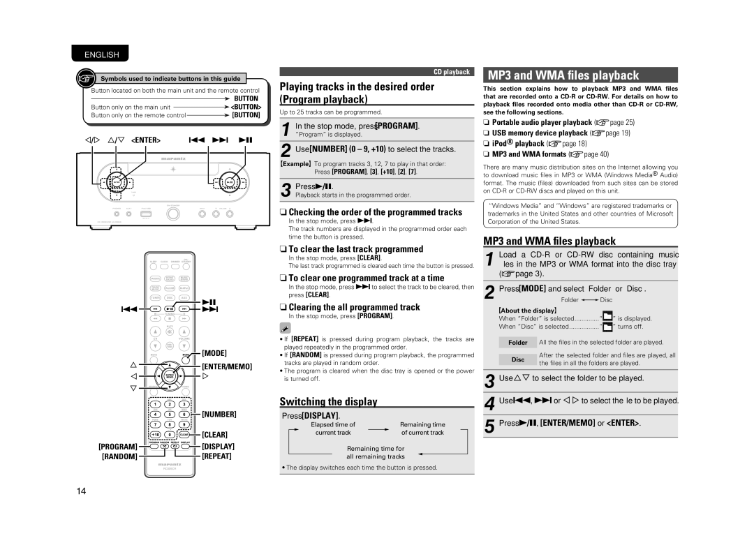 Marantz M-CR603 MP3 and WMA ﬁles playback, Playing tracks in the desired order Program playback, Switching the display 