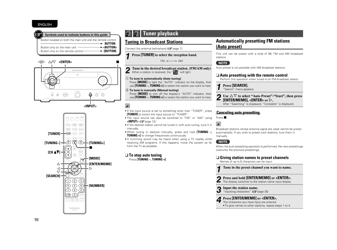 Marantz M-CR603 manual Tuner playback, Tuning in Broadcast Stations, Automatically presetting FM stations Auto preset 