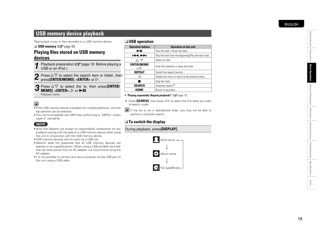 Marantz M-CR603 manual USB memory device playback, Playing ﬁles stored on USB memory devices, NUSB operation, Enter/Memo 
