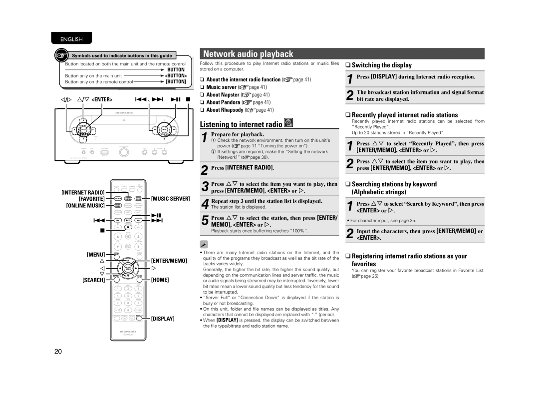 Marantz M-CR603 manual Network audio playback, Listening to internet radio, NRecently played internet radio stations 