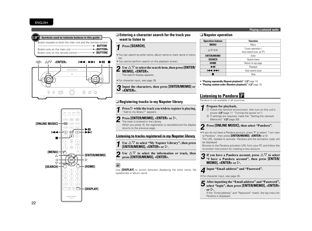 Marantz M-CR603 manual Listening to Pandora, NRegistering tracks in my Napster library, NNapster operation 