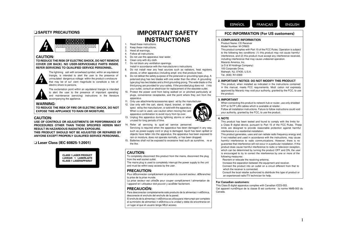 Marantz M-CR603 manual Compliance Information, Important Notice do not Modify this Product, For Canadian customers 