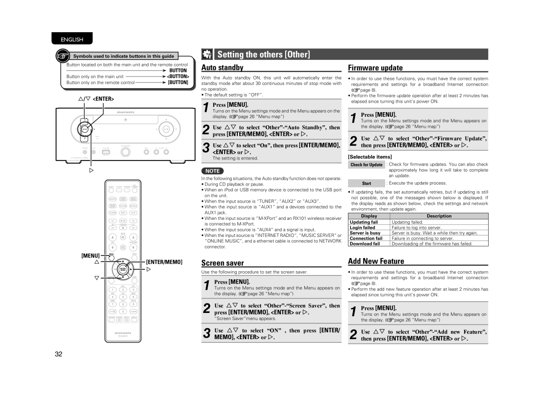 Marantz M-CR603 manual Setting the others Other, Auto standby, Firmware update, Screen saver, Add New Feature 