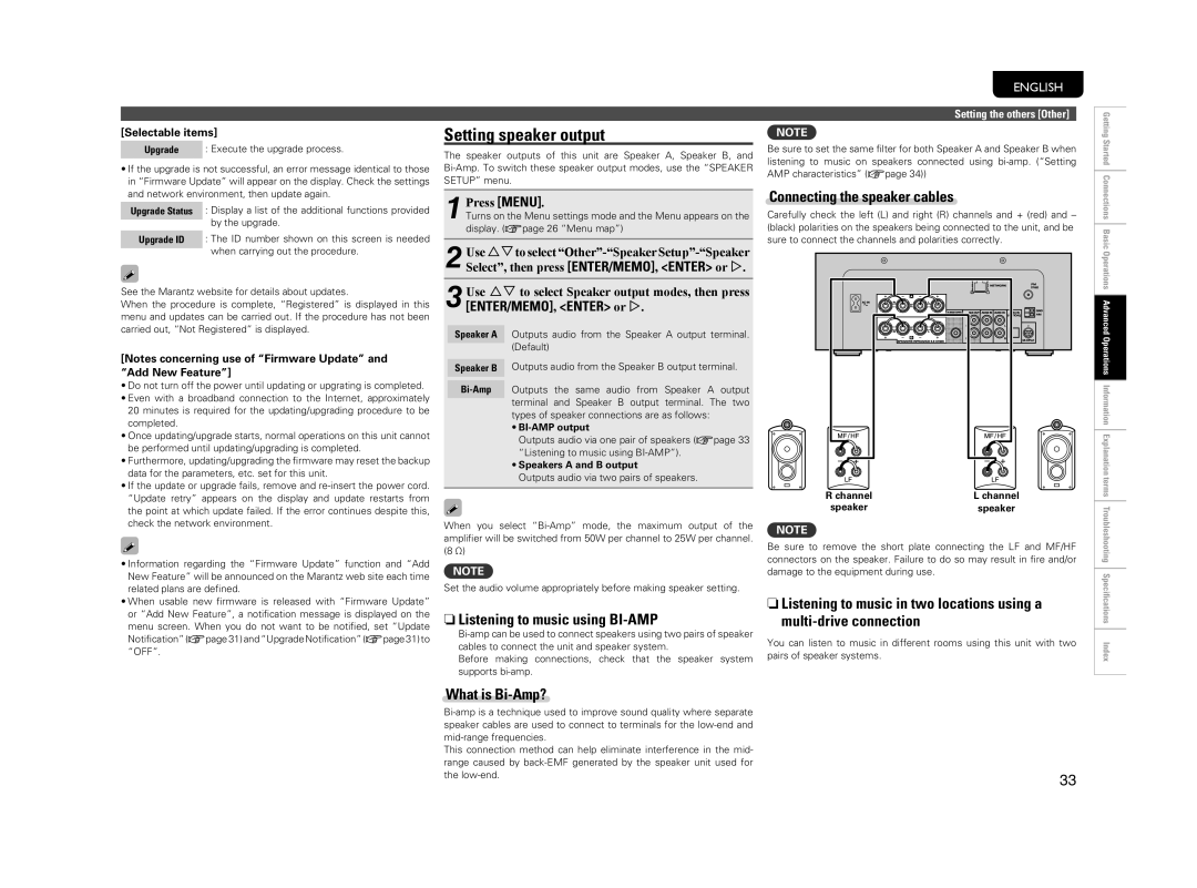 Marantz M-CR603 Setting speaker output, NListening to music using BI-AMP, Connecting the speaker cables, What is Bi-Amp? 