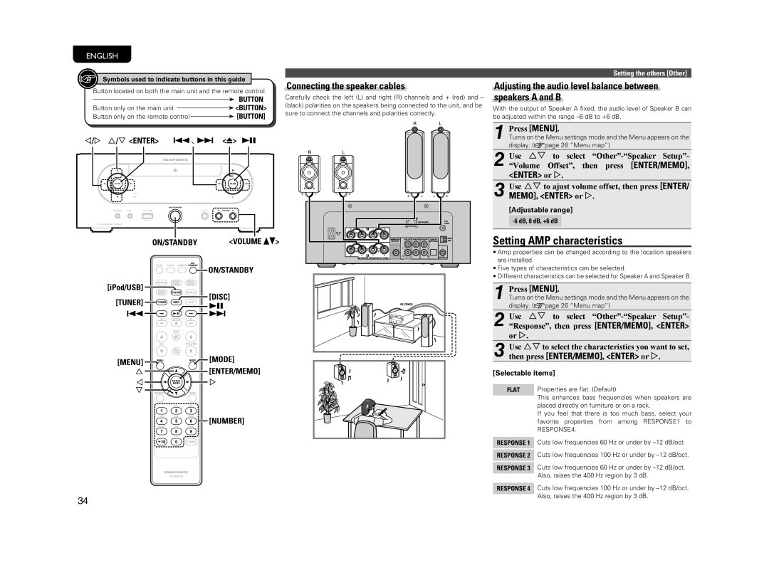 Marantz M-CR603 Setting AMP characteristics, Adjusting the audio level balance between speakers a and B, DB, 0 dB, +6 dB 