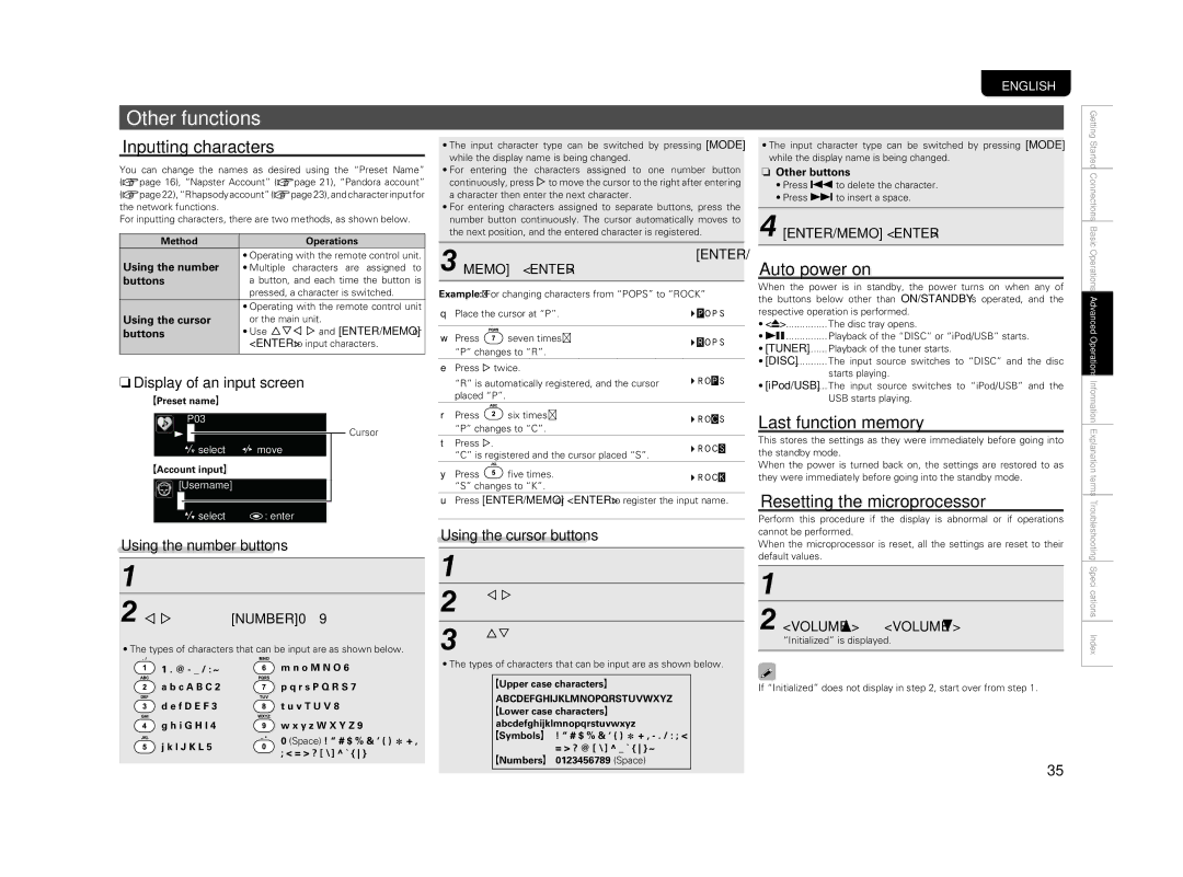 Marantz M-CR603 Other functions, Inputting characters, Auto power on, Last function memory, Resetting the microprocessor 