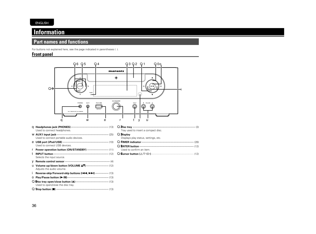 Marantz M-CR603 manual Information, Part names and functions, Front panel 