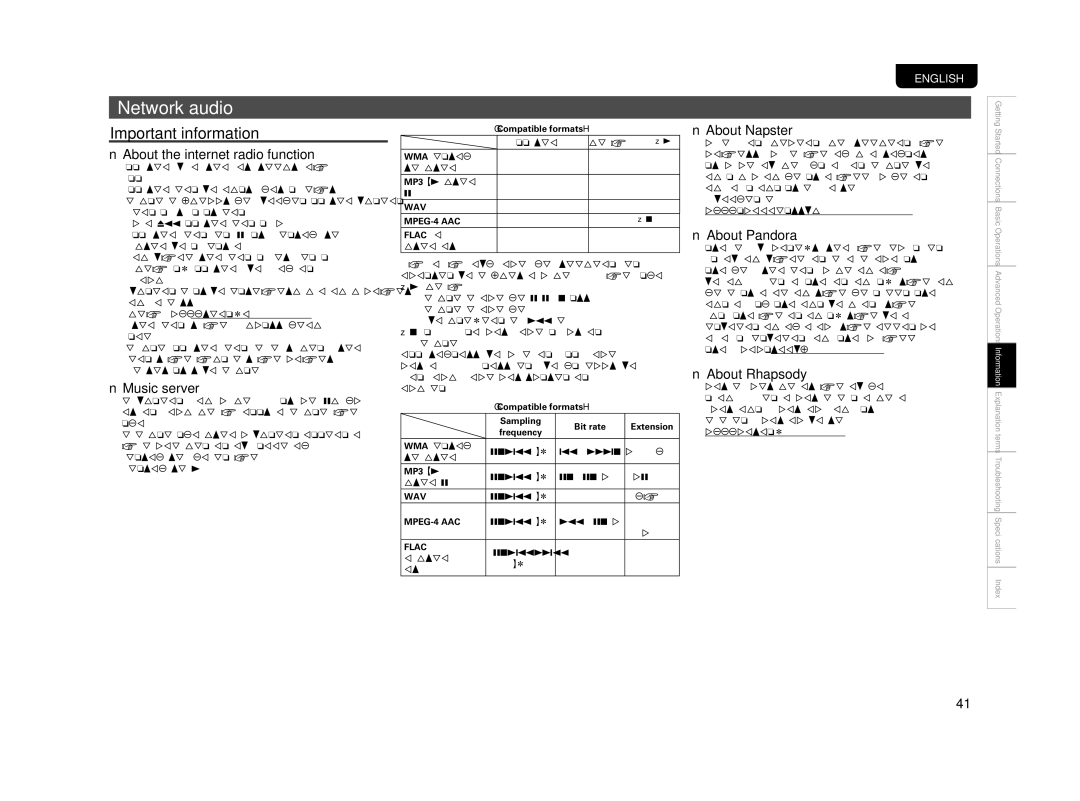 Marantz M-CR603 manual Network audio, NAbout the internet radio function, NMusic server, NAbout Napster NAbout Pandora 