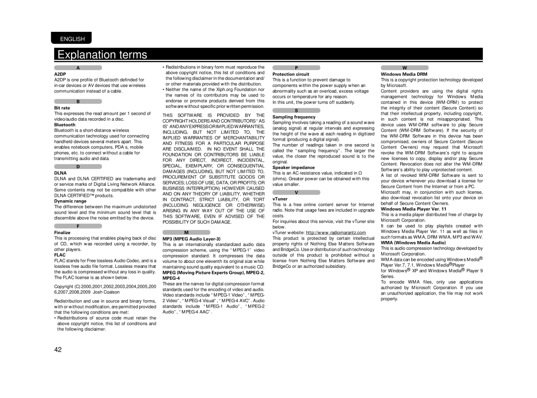 Marantz M-CR603 manual Explanation terms, A2DP, Dlna, Flac 