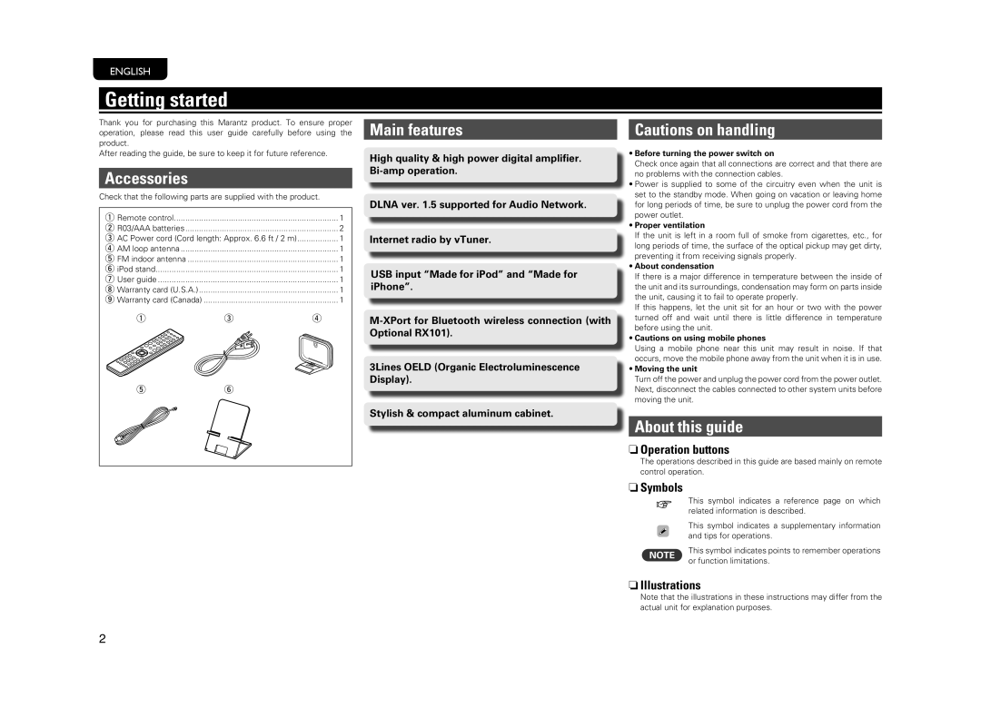 Marantz M-CR603 manual Getting started, Accessories, Main features, About this guide 