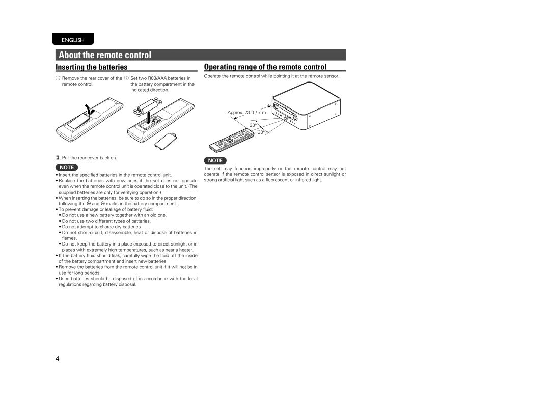 Marantz M-CR603 manual About the remote control, Inserting the batteries, Operating range of the remote control 