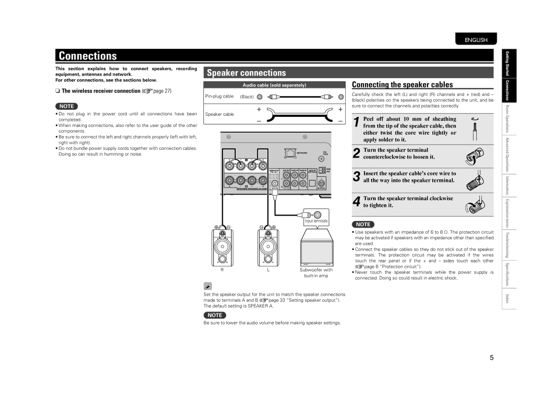 Marantz M-CR603 manual Connections, Connecting the speaker cables, This section explains how to connect speakers, recording 