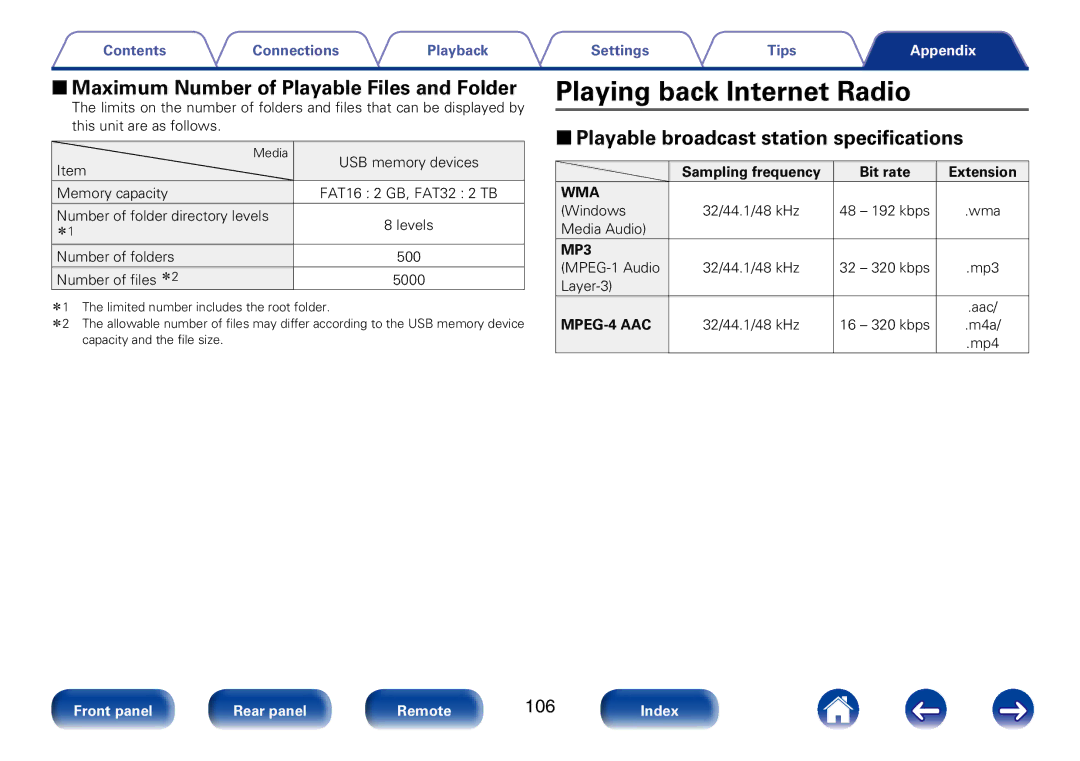 Marantz M-CR610 appendix Playing back Internet Radio, 22Maximum Number of Playable Files and Folder 